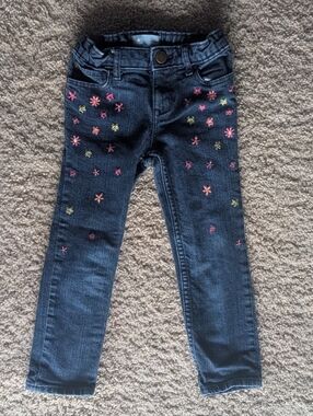 Baby GAP Dark Blue Denim Jeans with Pink & Yellow Flower Embroidery